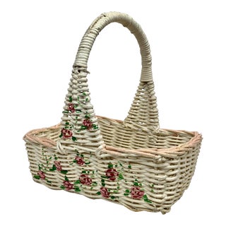 Hand Woven Vintage White Wicker Handled Basket With Hand Painted Roses & Leaves For Sale