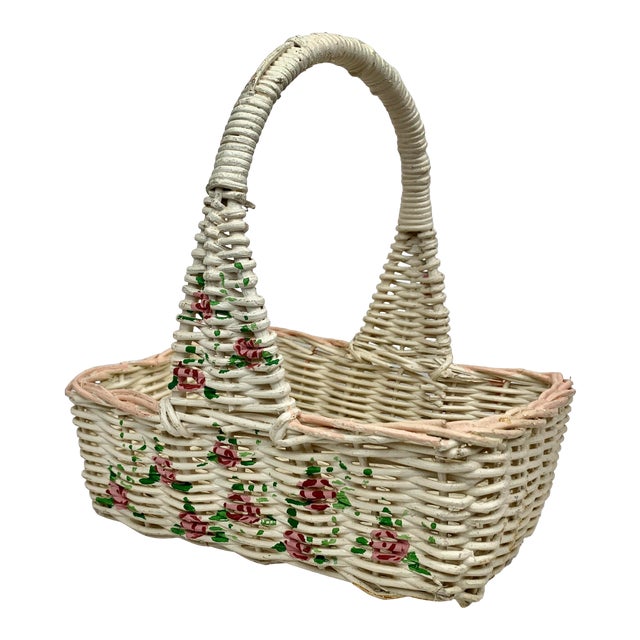 Hand Woven Vintage White Wicker Handled Basket With Hand Painted Roses & Leaves For Sale