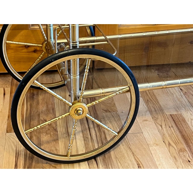 Brass Mid Century Modern French Brass Faux Bamboo 2-Tier Bar Drink Cart Glass Shelves For Sale - Image 8 of 11
