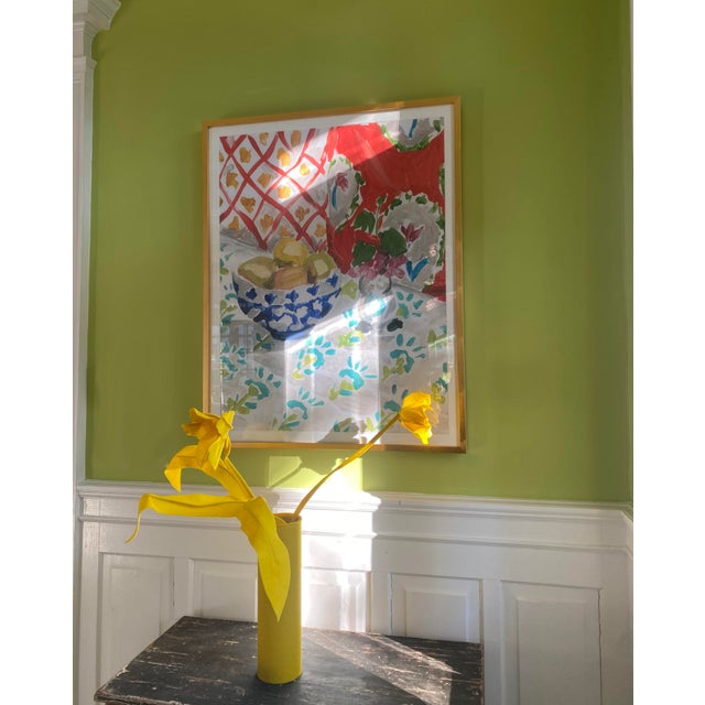 Stunning still life with bright lemons and a blue porcelain bowl. Rich patterns make this painting evocative of Matisse....