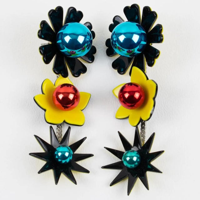 Kenzo Black, Blue and Yellow Acrylic Floral Dangle Earrings For Sale - Image 4 of 7