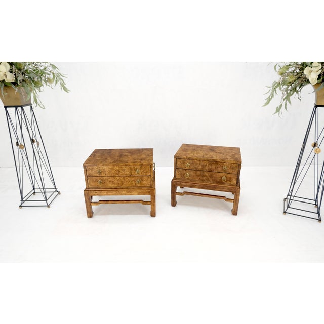 Pair of Burl Asian Campaign Fusion 2 Drawer Night Stands End Table Brass Pulls For Sale - Image 10 of 15