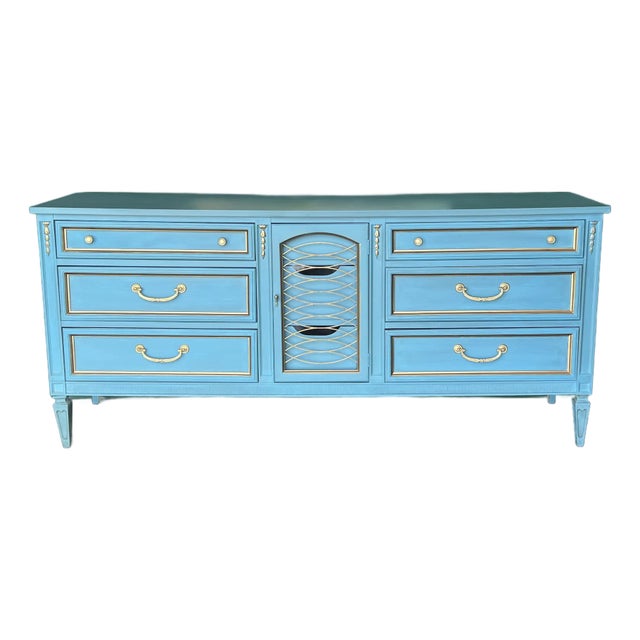 Late 20th Century Mid-Century Neoclassical Style Sky Blue Dresser For Sale