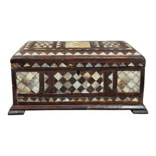 Antique Folk Art Mother of Pearl Inlaid Hand Carved Footed Table Box For Sale