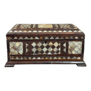 Antique Folk Art Mother of Pearl Inlaid Hand Carved Footed Table Box