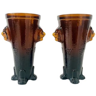 Mid-Century Lion Vases Set in Amber Ocher Glass, 1970s, Set of 2 For Sale