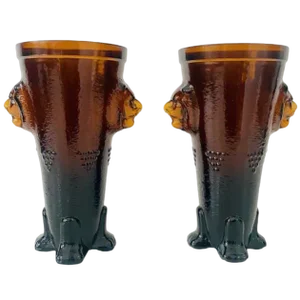 Mid-Century Lion Vases Set in Amber Ocher Glass, 1970s, Set of 2