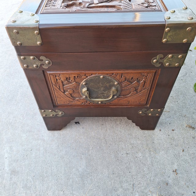 Chinese 1960s George Zee Hand-Carved Chinese Camphor Wood & Brass Trunk For Sale - Image 3 of 12