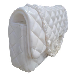 Italian Hand-Carved White Marble Chanel Handbag Sculpture, 1980s For Sale