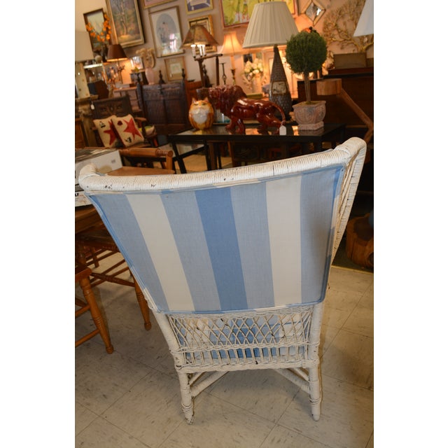 Vintage White Wicker Wing Back Arm Chair W/ Blue Cushions & Coil Sprung Seat For Sale - Image 11 of 18