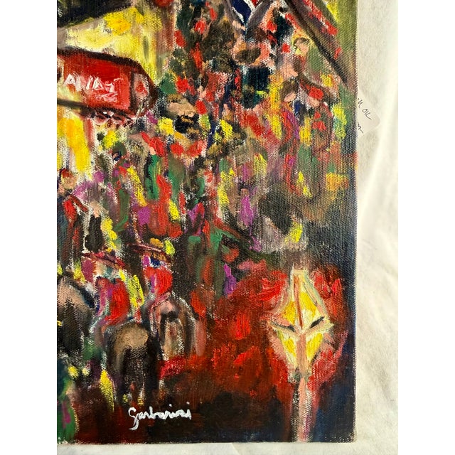 Lively, vibrant, vintage original oil-on-canvas French city scene. Crowded, festive street scene with tri-colors waving....