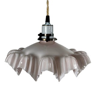 Pink Pendant Light With Antique French Handkerchief Glass Featuring Deep Frilled Edge For Sale