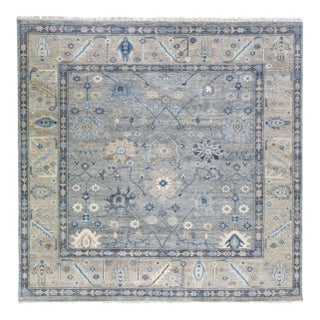 Modern Gray Oushak Style Handmade Floral Motif Square Wool Rug For Sale