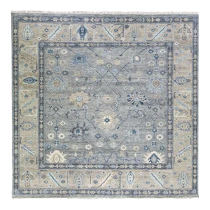 Modern Gray Oushak Style Handmade Floral Motif Square Wool Rug