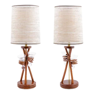 Pair of 1960s American Made Bamboo & Art Glass Lamps
