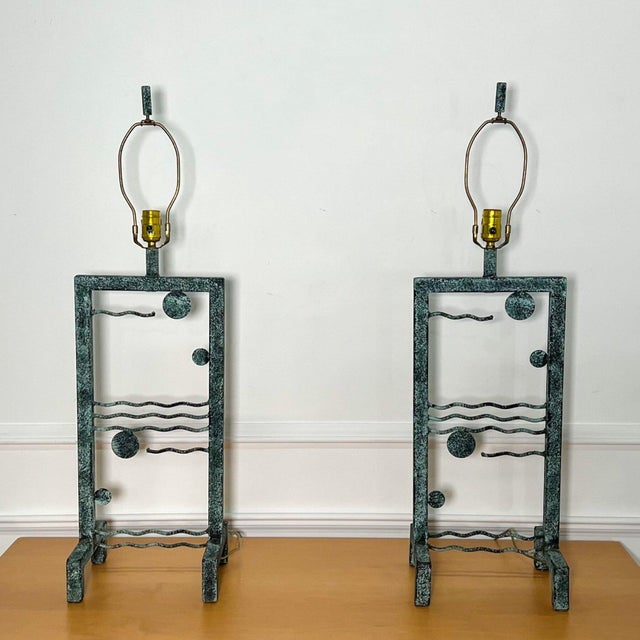 Postmodern Postmodern Wavy Iron Verdigris Table Lamps - A Pair For Sale - Image 3 of 7