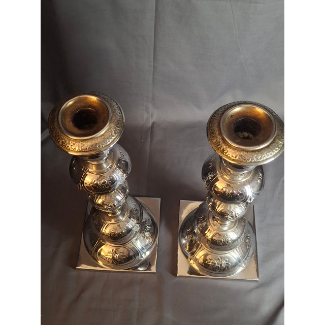 Late 19th Century Antique Norblin Warszawa Silverplate Shabbat Candlesticks 12" Rose Judaica Pair 1890 For Sale - Image 5 of 18