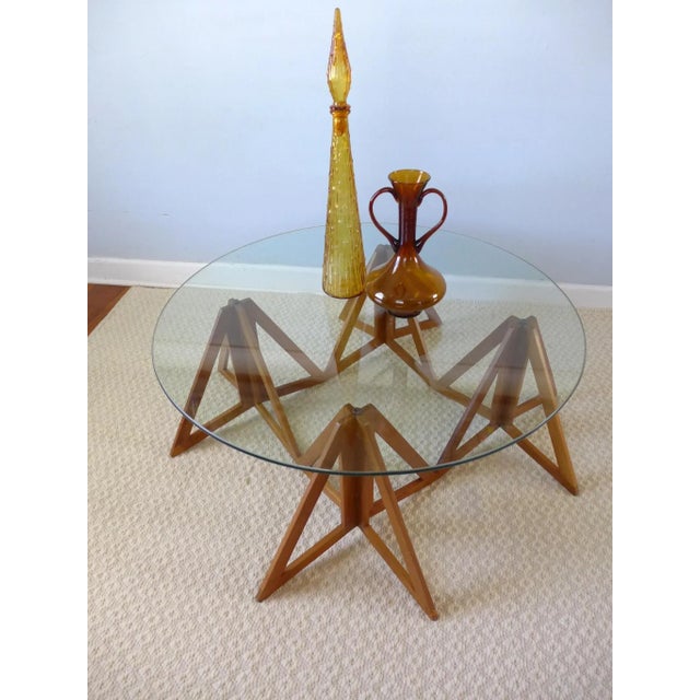 Mid-Century Modern 1960s Danish Geometric Coffee Table Quad Walnut Base With Round Glass Top For Sale - Image 3 of 12