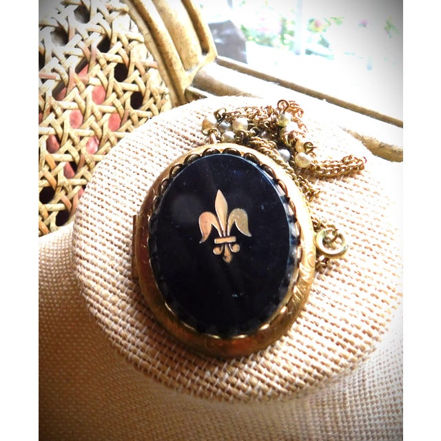 Metal Vintage Large Etched Locket, Black Stone, Gold Leaf Fleur De Lis For Sale - Image 7 of 12