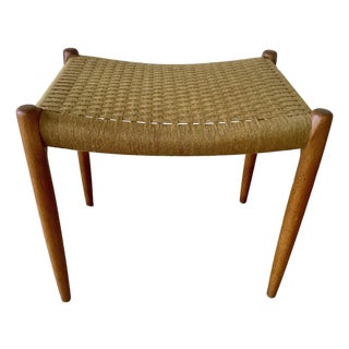 Late 20th Century Danish Modern N. Møller Model 80a Teak Stool With Woven Textile Seat, Denmark For Sale