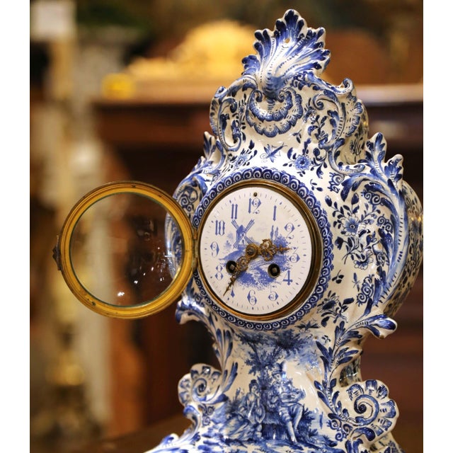 19th Century French Delft Blue and White Faience Mantel Clock With Windmill Scene For Sale In Dallas - Image 6 of 11