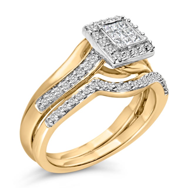 Contemporary 14K Yellow Gold Plated Sterling Silver 1/2 Cttw Princess Square Diamond Bridal Set - Size 7 For Sale - Image 3 of 6