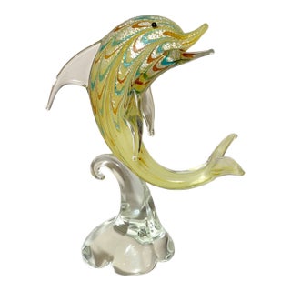 Vintage Hand Blown Murano Italian Art Studio Glass Dolphin Sculpture Statue Gold For Sale