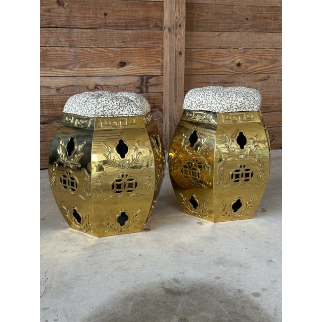 Pair Vintage Pierced Brass Chinese Garden Stools With Removable Cushions For Sale - Image 11 of 11