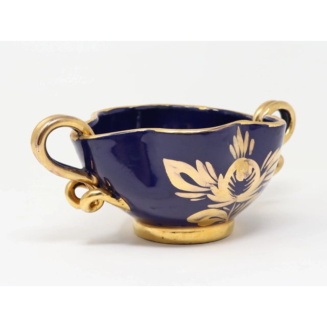 Vintage Italian Pottery Decorative Handled Bowl in Navy With Gold Decoration For Sale - Image 12 of 15