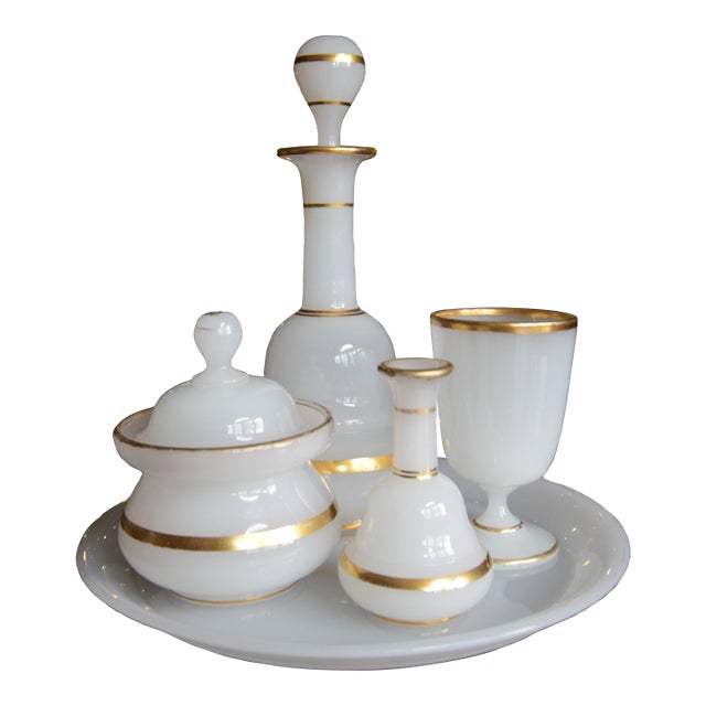 Antique White Opaline Glass Vanity Set With Gilt Bands, Late 19th–Early 20th Century (5 Pieces) For Sale