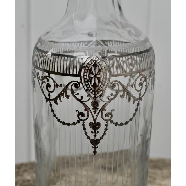Vintage Art Nouveau Cut Etched Glass Bottle W/Stopper in Sterling Silver Overlay For Sale - Image 9 of 10