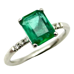 Platinum Emerald and Diamond Solitaire Ring Size 5.75