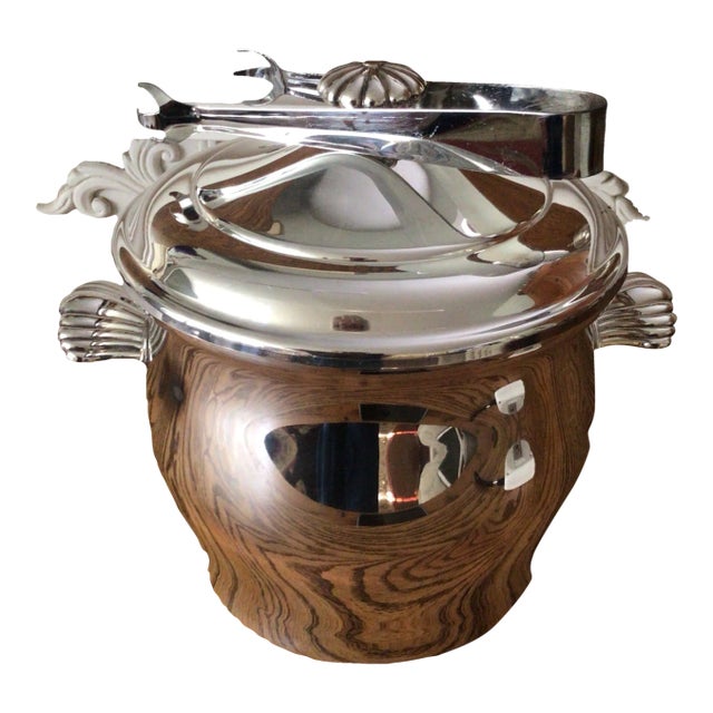 Vintage W. M. Rogers and Son “Paul Revere” Silver Plated Glass Insert Ice Bucket With Ice Tongs For Sale