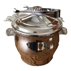 Vintage W. M. Rogers and Son “Paul Revere” Silver Plated Glass Insert Ice Bucket With Ice Tongs