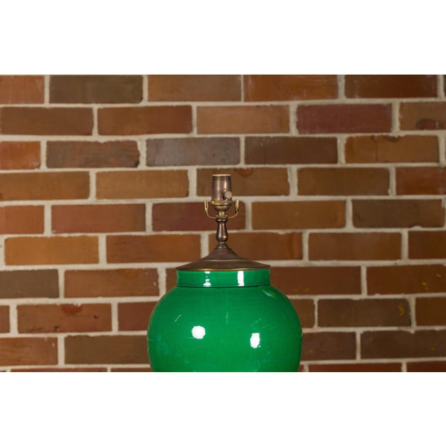 Ceramic Contemporary Green Porcelain Table Lamp with Discreet Crackle Finish on Lucite Base For Sale - Image 7 of 11