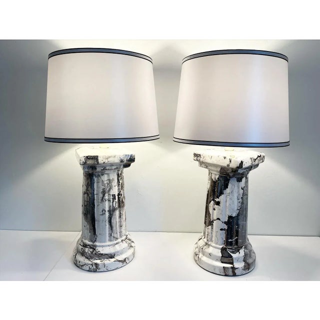 Classical Roman 1970s Marbled Column Lamps & Shades - A Pair For Sale - Image 3 of 15