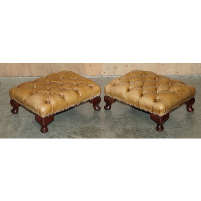 Pair of Vintage Tan Brown Leather Chesterfield Wingback Chairs With Footstools For Sale - Image 14 of 18