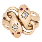 Antique Victorian Double Snake Ring Diamond Ruby Band Sz 5 Serpent 10k Gold For Sale