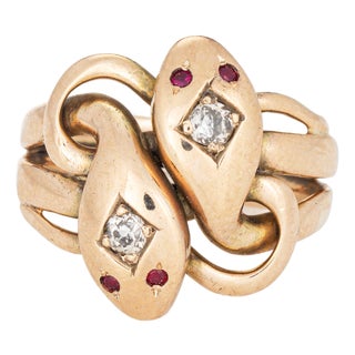 Antique Victorian Double Snake Ring Diamond Ruby Band Sz 5 Serpent 10k Gold For Sale