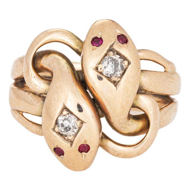 Antique Victorian Double Snake Ring Diamond Ruby Band Sz 5 Serpent 10k Gold For Sale