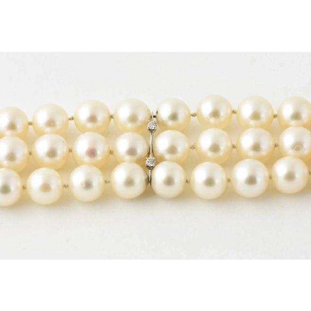 Ivory Mid-20th Century Triple Strand Cultured Pearl and Diamond White Gold Bracelet For Sale - Image 8 of 10