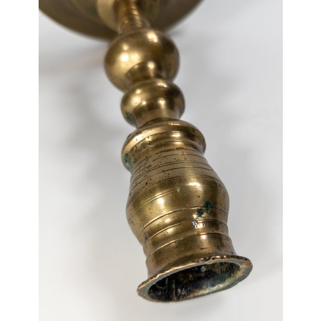 17th or 18th Century Rustic Make Do Brass Candlestick With Later Base For Sale - Image 12 of 14