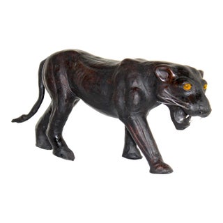 Vintage Mid-Century Black Leather Panther Sculpture – Handcrafted British Safari Animal Figurine For Sale