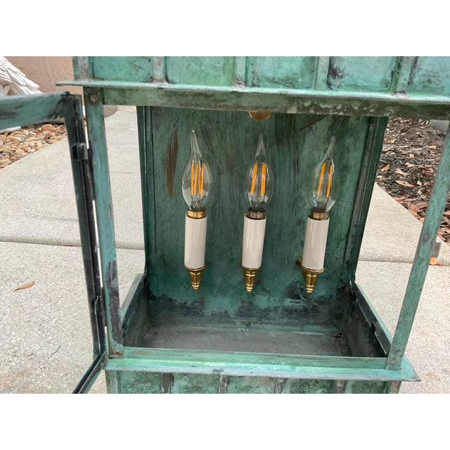 Single Monumental Art Deco Style Verdigris Copper & Brass Wall Lantern For Sale - Image 12 of 14
