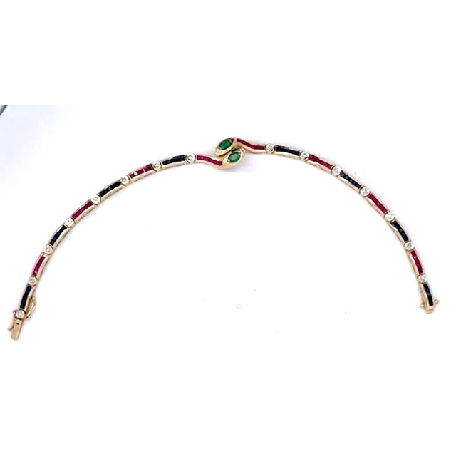 Gemstone Vintage Yellow Gold Snake Bracelet With Emeralds, Rubies, and Diamonds For Sale - Image 7 of 13