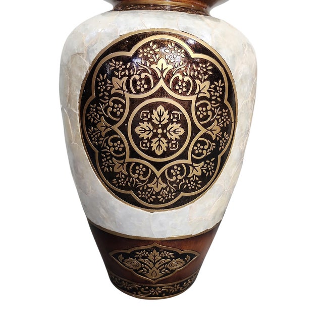 Mid 20th Century Vintage Pair Urn Shaped Mandala Pattern Mother of Pearl Shell Vases For Sale - Image 5 of 6