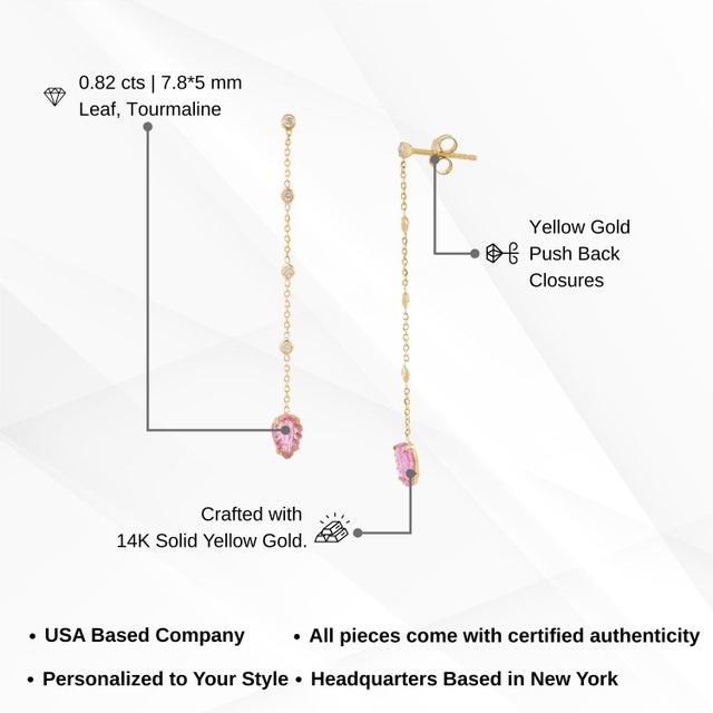 Carved Leaf Pink Tourmaline & Diamond Chain Drop Earrings in 14k Yellow Gold- A Pair For Sale - Image 10 of 12
