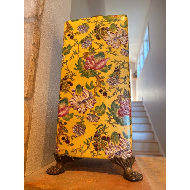 Vintage Set of 2 Large Yellow Gold Paw Footed Garden Urn Jars Brass Caps For Sale - Image 16 of 18