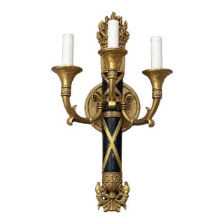 Antique French Empire Brass Torch Design 3 Arm Wall Sconce For Sale