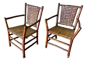 Pair of Vintage Old Hickory Armchairs With Handwoven Cane Seats and Backs